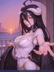 albedo 1girl wings black_wings feathered_wings yellow_eyes breasts horns long_hair low_wings large_breasts black_hair hip_vent solo looking_at_viewer bare_shoulders white_dress dress outstretched_arm hair_between_eyes feathers very_long_hair reaching_out cleavage black_feathers albedo_(overlord) ai_generated ai_assisted ai bebora patreon