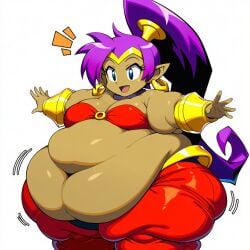 ai_generated belly_dancer belly_dancer_outfit belly_overhang big_belly big_breasts blue_eyes choker fat fat_folds flabby_arms flabby_legs genie_girl gold_earrings gold_gauntlets gold_tiara half_genie half_human hybrid_species jiggle jiggling motion_lines o_ring_top obese obese_female obese_humanoid overweight overweight_female overweight_humanoid pointy_ears ponytail_(hair) purple_hair red_harem_pants red_top shantae shantae_(character) ssbbw tanned_skin thick_ass wide_hips wobble wobbling