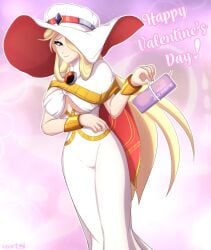 1girl android artist_name berkana berkana_(mega_man) big_breasts blonde_hair blue_eyes bracelet breasts bubble capcom cape capelet chest_jewel commentary corset dress english_commentary gift gradient_background hair_over_one_eye hair_over_shoulder hand_up happy_valentine hat hat_over_one_eye highres holding jeweled_hat jewelry joints large_breasts large_hat light_blush light_smile lipstick long_dress long_hair looking_at_viewer makeup mega_man mega_man_(series) mega_man_x mega_man_x_(series) mega_man_x_dive mega_man_xtreme_2 one_eye_covered pink_lips purple_background red_cape red_capelet red_hat rob_(robarts) robarts_hallway sidelocks solo standing turtleneck two-tone_cape two-tone_capelet two-tone_hat underboob underbust valentine white_background white_cape white_capelet white_corset white_day white_dress white_hat