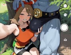 1boy 1girl 2026 2d absurd_res absurd_resolution absurdres ai_generated bike_shorts blue_eyes blue_skin blush bow_hairband breasts brown_hair bulge colored_skin erection fanny_pack grass grin hairband half-closed_eyes hand_on_another's_head hetero hi_res high_quality high_resolution highres image interspecies kuraedon large_breasts looking_at_viewer may_(pokemon) nintendo outdoors patreon pokemon pokemon_(creature) pokemon_(species) pokephilia reaching reaching_towards_viewer recording selfie shirt shorts sitting sleeveless sleeveless_shirt smile tree uncensured viewfinder