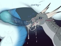 ahnrik_(gray-scales) blizzard_(squeed2115) bodily_fluids cum cum_in_mouth cum_inside cum_on_face dragon duo english_text fellatio feral genital_fluids genitals good_boy gray-scales hi_res icewing_(wof) knot knotted_penis male male/male mythological_creature mythological_scalie mythology oral penile penis scalie sex text wings_of_fire