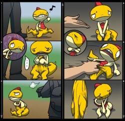 2010 anthro biped bodily_fluids clothed clothing comic confusion crackajackin digital_media_(artwork) duo embarrassed gay generation_5_pokemon genital_fluids homosexual homosexual_male human mammal musical_note musical_symbol nintendo omorashi open_mouth peeing pokemon pokemon_(species) red_body scraggy simple_background size_difference smile solo_focus symbol urine wetting yellow_body