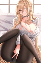 1girls absurdres azur_lane beautiful_woman black_bra black_choker black_pantyhose blonde_hair bra bra_visible_through_clothes breasts choker elina_(eri15) emotionless_female feet_out_of_frame glasses hair_between_eyes heavenly_body high-waist_skirt highres huge_breasts implacable_(azur_lane) implacable_(shepherd_of_the_"lost")_(azur_lane) long_hair mature_woman office_lady official_alternate_costume orange_eyes panties panties_under_pantyhose pantyhose partially_unbuttoned pencil_skirt see-through_clothes see-through_shirt shirt_tucked_in skirt skirt_around_belly solo unbothered underwear very_long_hair white_panties