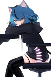 1girl absurdres animal_ears bar_censor black_hoodie black_thighhighs blue_hair breasts cat_ears censored chair cross-section dildo highres hood hood_down hoodie leaning_on_table looking_at_viewer medium_breasts multicolored_hair object_insertion original red_eyes sex_toy short_hair sitting solo streaked_hair thighhighs uve vaginal vaginal_object_insertion white_background x-ray