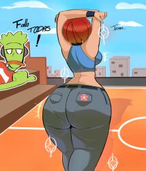 1boy 1girls alien alien_boy arms_up bare_shoulders big_ass breasts butterfly_(planetronika) clothed clothed_female clothed_male crop_top female female_focus freestyle_(planetronika) halterneck human male orange_hair pants pantylines planetronika short_hair solo_focus tagme tempo_(acevedoala91759) text