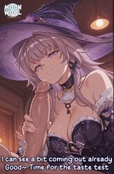 ai_assisted ai_generated big_breasts breasts brown_hair caption closed_mouth clothed clothed_female clothed_female_nude_male clothed_sex comic curvy curvy_body curvy_female handjob herta_(honkai:_star_rail) honkai:_star_rail large_breasts long_hair moonwool_branch penis_grab precum purple_eyes seductive seductive_eyes seductive_look seductive_mouth seductive_pose seductive_smile smile smiling talking talking_to_viewer the_herta_(honkai:_star_rail) thick_ass thick_thighs thighs uncensored very_long_hair witch witch_hat