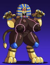 abs big_breasts black_skin claws female heeled_feet huge_ass huge_breasts implied_transformation navel nipples paws post_transformation prinnydood red_eyes sphinx tail thick_lips thick_thighs thunder_thighs transformation wide_hips