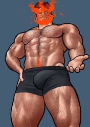 1boy abs arm_hair bara biceps boku_no_hero_academia bulge chest_hair closed_mouth covered_testicles endeavor_(my_hero_academia) english_commentary enji_todoroki erection_under_clothes fiery_hair flaccid gherod hand_on_own_hip leg_hair looking_at_viewer looking_down male_focus male_only muscular muscular_male navel nipples pectorals red_hair topless_male