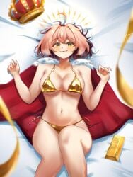 artist_name breasts cleavage eyelashes female green_eyes h3p0 highres large_breasts nipples osu! pippi_(osu!) short_hair solo full_body golden_week crown silly silly_face gold_(metal) gold_jewelry bra panties gold_panties gold_bra