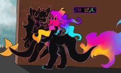 4_arms absurd_res anthro black_body blood bodily_fluids character_request claw_marks colored_fire colored_outline dialogue dragon duo female fire flaming_head flaming_tail genitals gradient_penis hair halo hi_res holding_up_other_character horn kaydelas language_barrier long_hair male male/female multi_arm multi_limb mythological_creature mythological_scalie mythology orange_penis penetration penis pinned pinned_to_wall public public_sex purple_penis scalie sex tail unknown_species vaginal vaginal_penetration ve3_(artist)