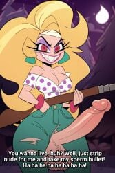 1futa 1girls ai_assisted ai_generated balls big_balls big_penis blonde_hair caption clothed crazy_eyes english_text erection evil_grin evil_smile futanari helluva_boss looking_at_viewer martha_(helluva_boss) open_fly penis penis_out red_eyes rifle scary smirk solo testicles text unzipped_pants vivienne_medrano vivziepop yellow_hair