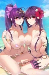 2girls areolae bikini blue_sky blush bodysuit bracelet breast_press breasts collarbone damda day eyebrows eyebrows_visible_through_hair eyelashes eyelashes_visible_through_hair fate/grand_order fate_(series) female flower flower_hair_ornament hair_censor hair_flower hair_intakes hair_ornament hibiscus horizon jewelry kunai large_breasts leg_garter looking_at_viewer mouth multiple_girls ocean outdoors partially_submerged partially_submerged_legs pink_bikini purple_hair red_eyes scathach_(fate) scathach_(swimsuit_assassin) scathach_(swimsuit_assassin)_(fate) scathach_skadi_(fate) sky swimsuit symmetrical_docking thigh_strap thighs topless type-moon water weapon