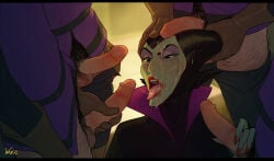 1girl 4boys brown_gloves bukkake colored_skin cum cum_on_body disney disney_villains eyeshadow facial gloves green_skin highres horns incase makeup maleficent multiple_boys open_mouth penis purple_eyeshadow red_lips red_nails signature sleeping_beauty_(1959_film) surrounded_by_penises testicles tongue tongue_out villain villainess witch