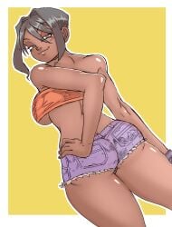 1girls ass big_ass breasts brown_eyes brown_hair butt_crack confident from_behind half-closed_eyes hand_on_hip highres large_breasts legs looking_at_viewer looking_back midriff original original_character pose posing seductive seductive_look seductive_smile sensual sexy sexy_pose short_hair short_sleeves sideboob smile solo strapless thighs tomboy tube_top underboob