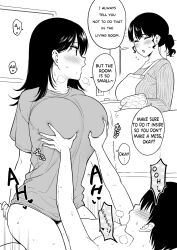 1boy 2girls apron big_breasts blush breast_grab brother brother_and_sister casual_incest casual_sex clothed_female_nude_male clothed_sex dialogue english_text english_translation grabbing_breasts implied_penetration implied_sex incest japanese_text large_breasts moaning monochrome mother original shirt_only sister tagme talking_to_another teenage_girl teenager yue_(show-ei)