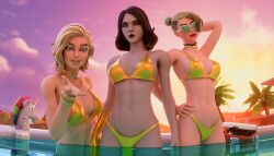 3d 3d_(artwork) 3girls black_hair blenderdemon blonde_hair bra cat_holloway_(fortnite) fortnite fortnite:_battle_royale gold_bikini light-skinned_female light_skin marigold_(fortnite) mischievous_smile palm_tree panties pool pool_toy posing_for_the_viewer serious sunglasses sunset tinted_eyewear underwear valeria_(fortnite) water