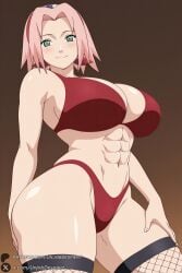 1girl breasts pink_hair solo haruno_sakura green_eyes abs smile fishnets large_breasts thighhighs muscular looking_at_viewer short_hair muscular_female brown_background navel blush thighs forehead_protector thick_thighs bikini underwear closed_mouth fishnet_thighhighs swimsuit cleavage highleg hand_on_own_thigh panties cowboy_shot bra red_bra red_bikini sakura_haruno naruto_(series) naruto naruto_shippuden unjobdespiert ai_generated 1female curvy huge_breasts huge_ass big_breasts big_ass 1girls 2026 artist_name watermark hi_res highres high_quality high_resolution patreon_username patreon