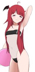 1girls ball bikini blush demon demon_girl eyebrows_visible_through_hair female female_only gris_swimsuit horns light-skinned_female light_skin looking_at_viewer luto_araka pink_eyes prism_project red_hair slight_blush solo succubus swimsuit tagme virtual_youtuber