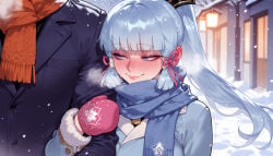 1girl clothing female kamisato_ayaka bangs 1boy genshin_impact scarf mole_under_eye blush male mole blue_eyes neckwear snow blue_scarf ponytail snowing light_blue_hair long_hair blue_hair smile blunt_bangs winter winter_clothes coat outdoors long_sleeves mittens hair_ornament gloves tress_ribbon jacket sidelocks blue_coat hair_ribbon fur_trim snowflake_print ribbon upper_body trembling ear_blush solo_focus nose_blush closed_mouth hetero full-face_blush out_of_frame pink_gloves alternate_costume breath cold lips buttons orange_scarf arm_hug blunt_tresses half-closed_eyes winter_coat lamppost breasts tassel 1girls ai_generated voluptuous_female voluptuous curvaceous curvaceous_figure curvaceous_female curvy curvy_figure female_focus balecxi mihoyo hoyoverse