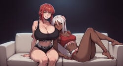 2girls ai_generated big_breasts blacked blacked_clothing bleached bleached_clothing casting_couch couch curvy dark-skinned_female grin hair_between_eyes hand_on_another's_head hourglass_figure huge_breasts leg_up light-skinned_female looking_at_viewer makima_(chainsaw_man) posing posing_for_the_viewer red_hair seductive seductive_look sitting small_breasts yellow_eyes