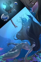 2girls after_orgasm air_bubbles comic dark_hair drowned green_hair marima666_(artist) nipples nude small_breasts swimsuit underwater water