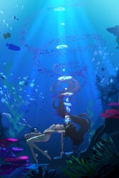 1girls air_bubbles comic dark_hair drowning marima666_(artist) masturbation nipples orgasm pussy_juice small_breasts underwater water