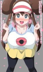 1girls alternate_breast_size bent_wrist big_breasts blush breasts brown_hair cap clothed clothing curvaceous curvy curvy_body curvy_female curvy_figure female female_focus hair_buns huge_breasts hypnosis japanese_text large_breasts looking_at_viewer mind_control panting pokemon rosa_(pokemon) smiling translation_request twintails voluptuous yugo-eti