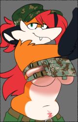 anthro arm_tuft breasts bulletproof_vest canid canine cheek_tuft clothed clothing cute_fangs digital_media_(artwork) facial_tuft female fox fur fur_tuft green_eyes hair hat headgear headwear inner_ear_fluff mammal military_cap military_pants multicolored_body multicolored_fur orange_body orange_fur pepper_(sketchytoasty) red_fox red_hair shoulder_tuft simple_background sketchytoasty smile solo standing tactical_gear topwear tuft under_boob uniform vest white_body white_fur