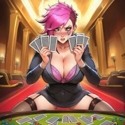 ai ai_assisted ai_generated breasts_bigger_than_head cards casino clevage dumb_girl female_thick_thighs fit fit_body fit_female league_of_legends looking_at_card lost_bet panty_peek pink_hair poker_table prussia123 sexy sexy_body sexy_clothing sexy_female short_hair skimpy_clothes skirt stockings suit_jacket suprised tomboy vi_(league_of_legends)