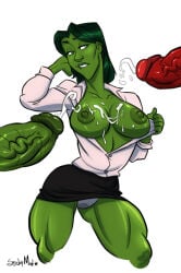 stickymon female male female_focus penis erection big_penis veiny_penis disembodied_penis breasts big_breasts nipples green_skin red_skirt marvel she-hulk cum cum_on_breasts 2014 2boys 1girls