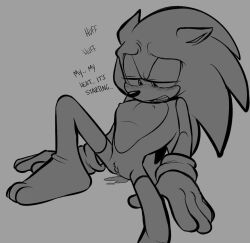 2023 andromorph anthro blush bodily_fluids clitoral_hood clothing cuntboy english_text eulipotyphlan feet genital_fluids genitals gloves handwear hedgehog in_heat intersex mammal nipples open_mouth rule_63 sega shaddycatz sitting solo sonic_the_hedgehog sonic_the_hedgehog_(series) spread_legs spreading teeth text tongue vaginal_fluids vaginal_fluids_puddle