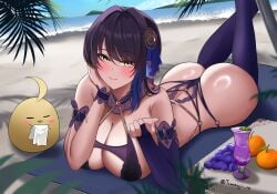 1girl absurdres ass ass_cleavage azur_lane beach beautiful_woman big_breasts black_hair breasts cleavage closed_mouth commentary dead_or_alive dead_or_alive_xtreme dead_or_alive_xtreme_venus_vacation drink elbow_gloves english_commentary food fruit gloves good_end grapes highres huge_breasts lying manjuu_(azur_lane) mature_woman medium_hair ocean official_alternate_costume on_stomach orange_fruit_dove purple_gloves purple_thighhighs sand shandy_(an_enchanting_sip)_(doa) shandy_(doa) single_elbow_glove smile tamanegi20 thighhighs towel twitter_username water wholesome yellow_eyes