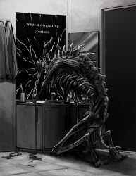 american_mythology anthro bathroom blood bodily_fluids bone broken_glass broken_mirror brush comic disgust english_text exposed_bone exposed_flesh glass gore guts horn indigenous_north_american_mythology inner_monologue inside intestines kneeling leslekieuart looking_at_mirror looking_at_object male mirror monochrome monster mythology north_american_mythology organs plot_twist realization rotting scared self_hatred sink skinwalker skull skull_head solo sweat text thinking toothbrush towel undead wendigo zombie