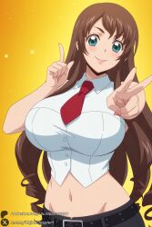 1girl solo breasts long_hair brown_hair v necktie smile midriff navel belt watermark large_breasts looking_at_viewer web_address yellow_background crop_top blush sleeveless red_necktie huge_breasts shirt aqua_eyes seto_tomari cardfight!!_vanguard unjobdespiert ai_generated 1female curvy huge_ass big_breasts big_ass 1girls 2026 artist_name hi_res highres high_quality high_resolution patreon_username patreon