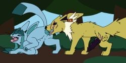 amputated_leg amputee animal_genitalia animal_penis animal_vulva anus balls barbed_canine_penis black_eyes blue_body blue_eyes blue_fur canine_genitalia canine_penis canine_vulva cut_ear disability duo eeveelution female feral fur generation_1_pokemon generation_4_pokemon genitals glaceon hi_res hybrid_genitalia hybrid_penis jolteon knot knotted_penis male male/female mane nintendo nipples pencilsdgr penile_spines penis pokemon pokemon_(species) purple_penis scar vulva white_body white_fur yellow_body yellow_fur