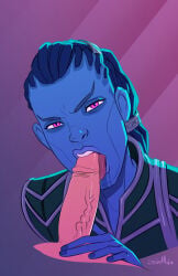 1boy 1girls 2018 alien blue_hair blue_skin erection fellatio female guardians_of_the_galaxy guardians_of_the_galaxy_(telltale) hala_the_accuser male marvel open_mouth oral oral_sex penis purple_eyes stickymon telltale_games tongue tongue_out