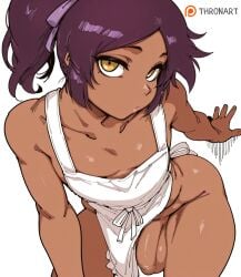 1boy 1femboy ai_generated balls bleach bleach:_the_thousand-year_blood_war dark-skinned_femboy dark-skinned_male dark-skinned_sissy dark_skin femboy flaccid flaccid_penis foreskin huge_ass large_penis leaning_forward looking_at_viewer male male_focus naked_apron penis ponytail purple_hair solo solo_femboy solo_focus testicles thick_thighs thronart uncircumcised uncut white_apron wide_hips yellow_eyes yushiro_shihouin