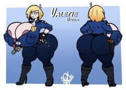 blonde_female blonde_hair boots cop female female_only fingerless_gloves gun handcuffs huge_ass huge_breasts hyper hyper_breasts original_character police police_badge police_uniform policewoman reference_image reference_sheet sob4art sunglasses toon toony