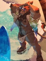 2026 aloha_shirt anthro arm_tuft balls balls_outline barazoku beach beard big_penis body_hair braided_hair brown_body brown_fur brown_hair bulge chest_fur cigar claws clothed clothing detailed_bulge elbow_tuft eyewear eyewear_on_head facial_hair felid final_fantasy final_fantasy_xiv finger_claws footwear fur genital_outline genitals green_eyes hair hands_behind_head happy_trail hi_res hrothgar leg_scar lueluel47505119 male male_only mammal muscular muscular_anthro muscular_male nipple_tape nipples open_clothing open_shirt open_topwear outside palm_tree pasties pattern_clothing pattern_shirt pattern_topwear pecs penis penis_outline plant pubes quads sand sandals scar shirt shoes shore skimpy smoking smoking_cigar solo speedo square_enix sunglasses sunglasses_on_head surfboard swimwear tail tail_tuft tape toe_claws topwear translucent translucent_clothing tree tuft vein veiny_penis wardrobe_malfunction water wearing_sunglasses