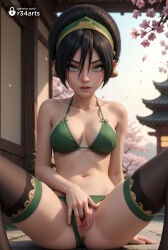 solo breasts green_bikini pussy thighhighs east_asian_architecture swimsuit clothing_aside bikini black_hair uncensored hairband architecture female_masturbation looking_at_viewer spread_legs sitting cherry_blossoms navel pussy_juice artist_name lips masturbation medium_breasts hair_between_eyes grey_eyes anus bikini_bottom_aside parted_lips patreon_username green_hairband collarbone black_thighhighs petals nose m_legs hair_bun outdoors mole twitter_logo fingering arm_support r34arts hi_res ai_generated toph_bei_fong avatar_legends avatar_the_last_airbender nickelodeon nicktoons 1girls female_human