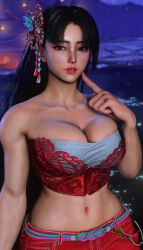 1girl 3d black_hair breasts brown_eyes bustier cleavage corset fatal_fury game_screenshot hair_ornament large_breasts long_hair looking_at_viewer mai_shiranui mod pants red_bustier red_pants screenshotboy96 street_fighter street_fighter_6 tagme watermark