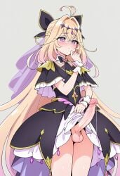 ahoge ai_generated air_intake_(hairstyle) balls black_dress black_ribbon blonde_hair blush cowboy_shot cure_arcana_shadow erection eyelashes frilled_dress from_side futanari gerumusi hair_ornament half_up_braid hand_on_own_chin jewelry meitantei_precure! moria_luluka necktie nsfw precum precum_string purple_eyes simple_background skirt_lift skirt_lifted_by_self standing testicles uncensored veil wrist_cuffs