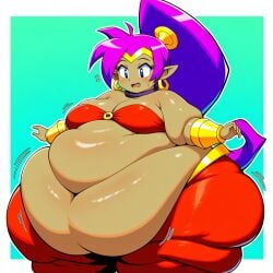 ai_generated belly_dancer belly_dancer_outfit belly_overhang big_belly big_breasts blue_eyes choker fat fat_folds flabby_arms flabby_legs genie_girl gold_earrings gold_gauntlets gold_tiara half_genie half_human hybrid_species jiggle jiggling motion_lines o_ring_top obese obese_female obese_humanoid overweight overweight_female overweight_humanoid pointy_ears ponytail_(hair) purple_hair red_harem_pants red_top shantae shantae_(character) ssbbw tanned_skin thick_ass wide_hips wobble wobbling