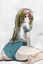 1girls ass barefoot big_ass blonde_hair bloomers blush bubble_butt buruma fat_ass feet female female_only from_behind highres huge_ass legs long_hair looking_at_viewer looking_back nomeno_mizuha original original_character pink_eyes pink_lips pose posing sensual sexy sexy_pose shirt sitting solo sports_uniform sportswear thighs traditional_media very_long_hair