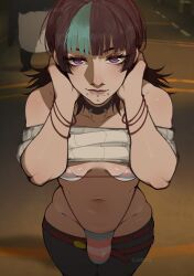 1futa absurdres bikini black_hair breasts bulge chin_piercing collar cowboy_shot face_piercing futa_only futanari highres hoshi_kirara jsq012 jujutsu_kaisen lips looking_at_viewer multicolored_hair panda_(jujutsu_kaisen) pants piercing purple_eyes small_breasts solo spiked_collar spikes standing streaked_hair swimsuit trans_woman transfem transgender_flag transgender_flag_print wide_hips