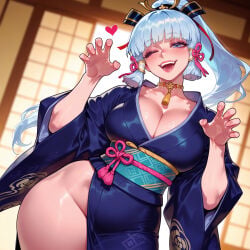1girl clothing female traditional_clothes wafuku kamisato_ayaka breasts robe japanese_clothes bangs solo blue_eyes kimono one_eye_closed genshin_impact claw_pose mole smile long_hair cleavage large_breasts looking_at_viewer open_mouth ponytail blue_hair mole_under_eye blunt_bangs hair_ornament blush blue_kimono wide_sleeves sash gold_choker obi thighs choker wide_hips teeth neck_tassel fangs flower_knot long_sleeves no_panties tress_ribbon indoors light_blue_hair hair_ribbon inviting inviting_to_sex seductive seductive_look seductive_smile presenting presenting_hindquarters presenting_ass presenting_self ribbon neck_ring sidelocks yellow_choker lips blunt_tresses blurry_background curvy cowboy_shot shiny_skin 1girls ai_generated voluptuous_female voluptuous curvaceous curvaceous_figure curvaceous_female curvy_figure female_focus balecxi mihoyo hoyoverse presenting_breasts