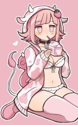 1girls cow_bikini cow_girl danganronpa danganronpa_2:_goodbye_despair drinking milk nanami_chiaki pink_eyes pink_hair straight_hair straw strawberry_milk