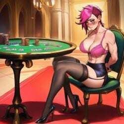 ai ai_assisted ai_generated casino clevage fit fit_body fit_female league_of_legends lost_bet panty_peek pink_hair poker_table prussia123 sexy sexy_body sexy_clothing sexy_female short_hair shy skimpy_clothes skirt stockings taking_clothes_off tomboy vi_(league_of_legends)