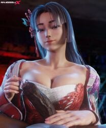 3d 3d_(artwork) 3d_model 3d_render 3dcg asian asian_female black_penis breasts brown_hair cleavage dark-skinned_male dark_skin fatal_fury huge_cock interracial king_of_fighters looking_at_viewer mai_shiranui playing_with_penis precum shaddoll_x smug snk street_fighter street_fighter_6 touching_penis