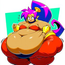 ai_generated belly_dancer belly_dancer_outfit belly_overhang big_belly big_breasts blue_eyes choker fat fat_folds flabby_arms flabby_legs genie_girl gold_earrings gold_gauntlets gold_tiara half_genie half_human hybrid_species jiggle jiggling motion_lines o_ring_top obese obese_female obese_humanoid overweight overweight_female overweight_humanoid pointy_ears ponytail_(hair) purple_hair red_harem_pants red_top shantae shantae_(character) ssbbw tanned_skin thick_ass wide_hips wobble wobbling
